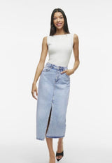 VIJAF denim midi-nederdel fra VILA – model 14099736 i lyseblå med høj talje