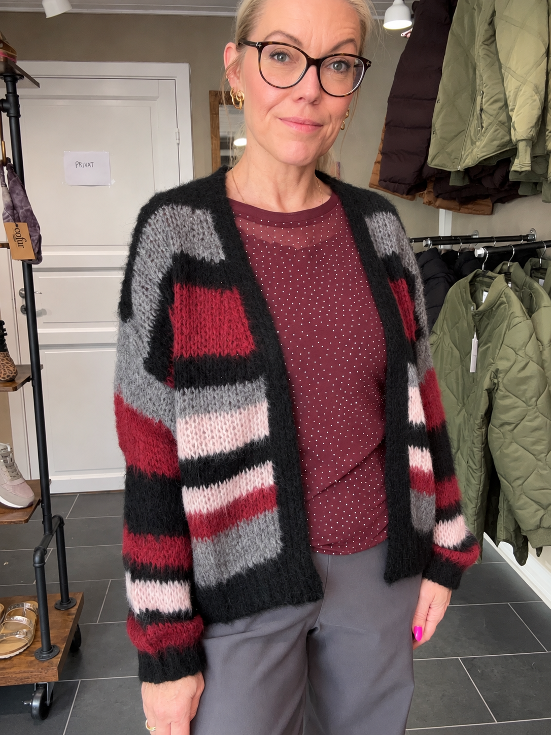 Black Colour Lina stribet cardigan i Wine