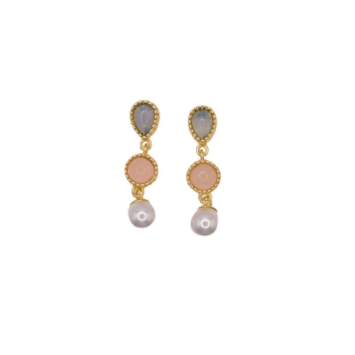 Zefina Bliss 14k forgyldte hængeøreringe med pastelfarvede ægte sten og hvid perle, 2,5 cm