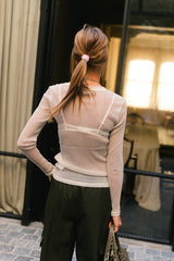VILA offwhite meshbluse med rund hals og glimmer