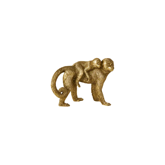 Speedtsberg figur – abe med henslængt unge på ryggen, antik guld, polyresin, 21×9×16 cm
