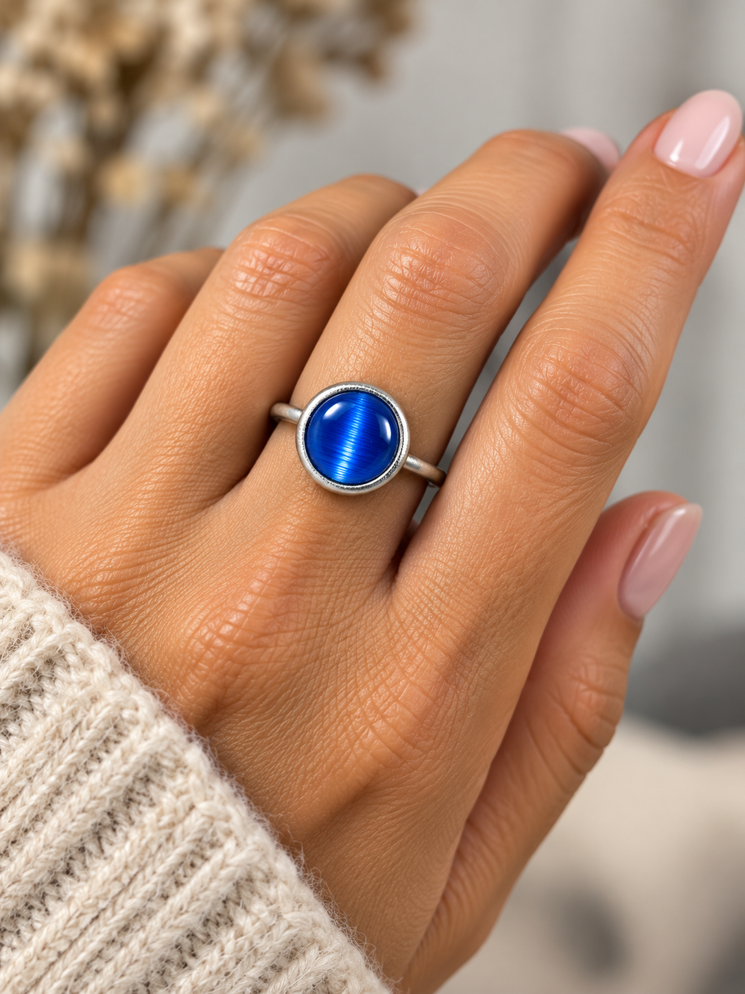 Zefina Denmark Cat Eye Fingerring med blå sten i rhodineret sølv