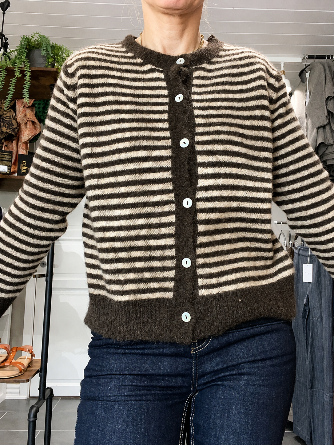 Black Colour Dell Striped Knit Cardigan 1245 – Coffee