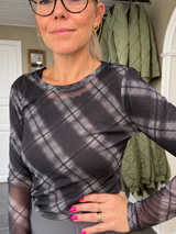 Black Colour Kamma Mesh Blouse 42000 Grey Tartan