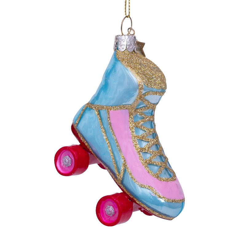 Vondels ornament i mundblæst glas formet som blå og pink rulleskøjte – håndmalet julepynt H8 cm.
