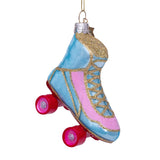 Vondels ornament i mundblæst glas formet som blå og pink rulleskøjte – håndmalet julepynt H8 cm.