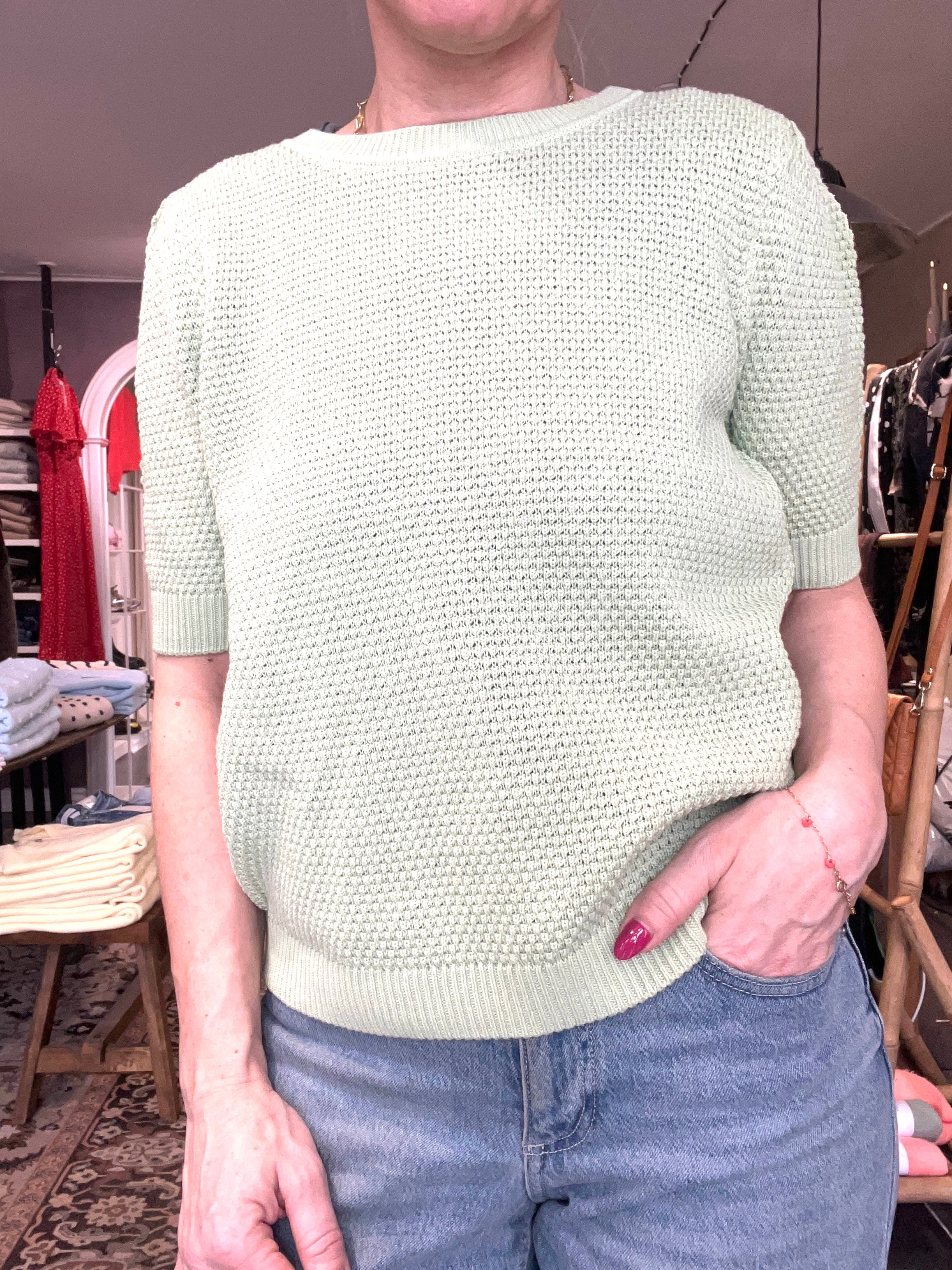 VILA VIDALO O-NECK S/S Knit Top 14084421 – smoke green