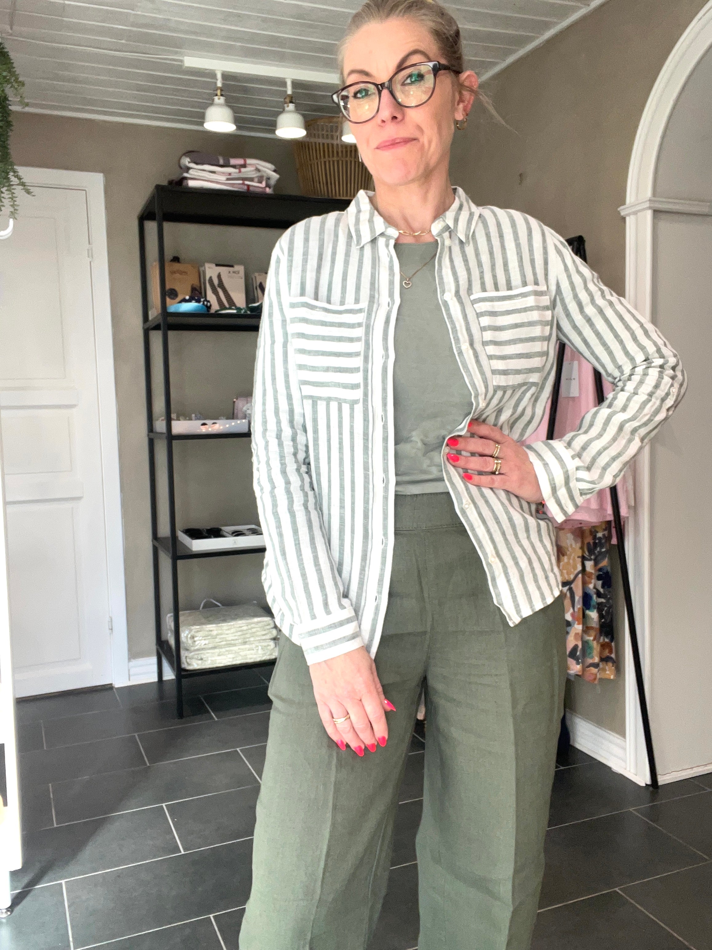 Street One Wide Leg Button HW Linen Bukser 379811 – Bound Green