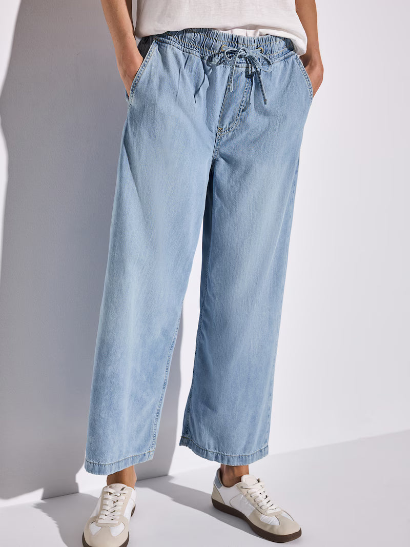 Street One Wide Leg Pants 378564 i lyseblå – høj talje, vide ben, elastisk linning med snøre og sidelommer – bomuld og lyocell