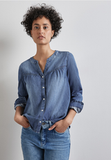 Street One denim ruffle blouse 345142 – mid blue skjortebluse i 100% bomuld