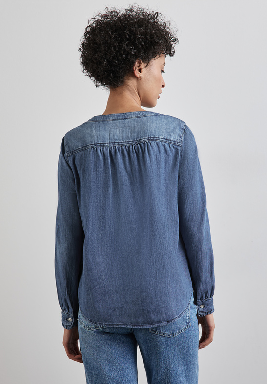 Street One denim ruffle blouse 345142 – mid blue skjortebluse i 100% bomuld