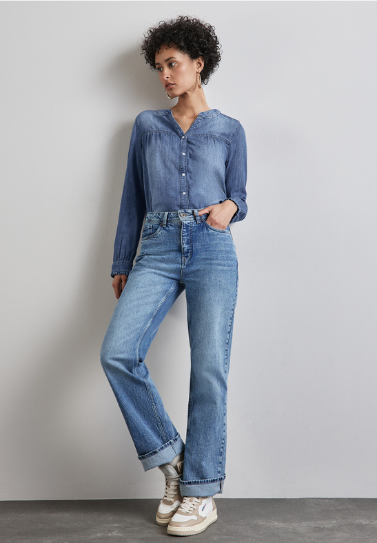 Denim-look skjortebluse med knapdetalje ved ærmet – Street One 345142