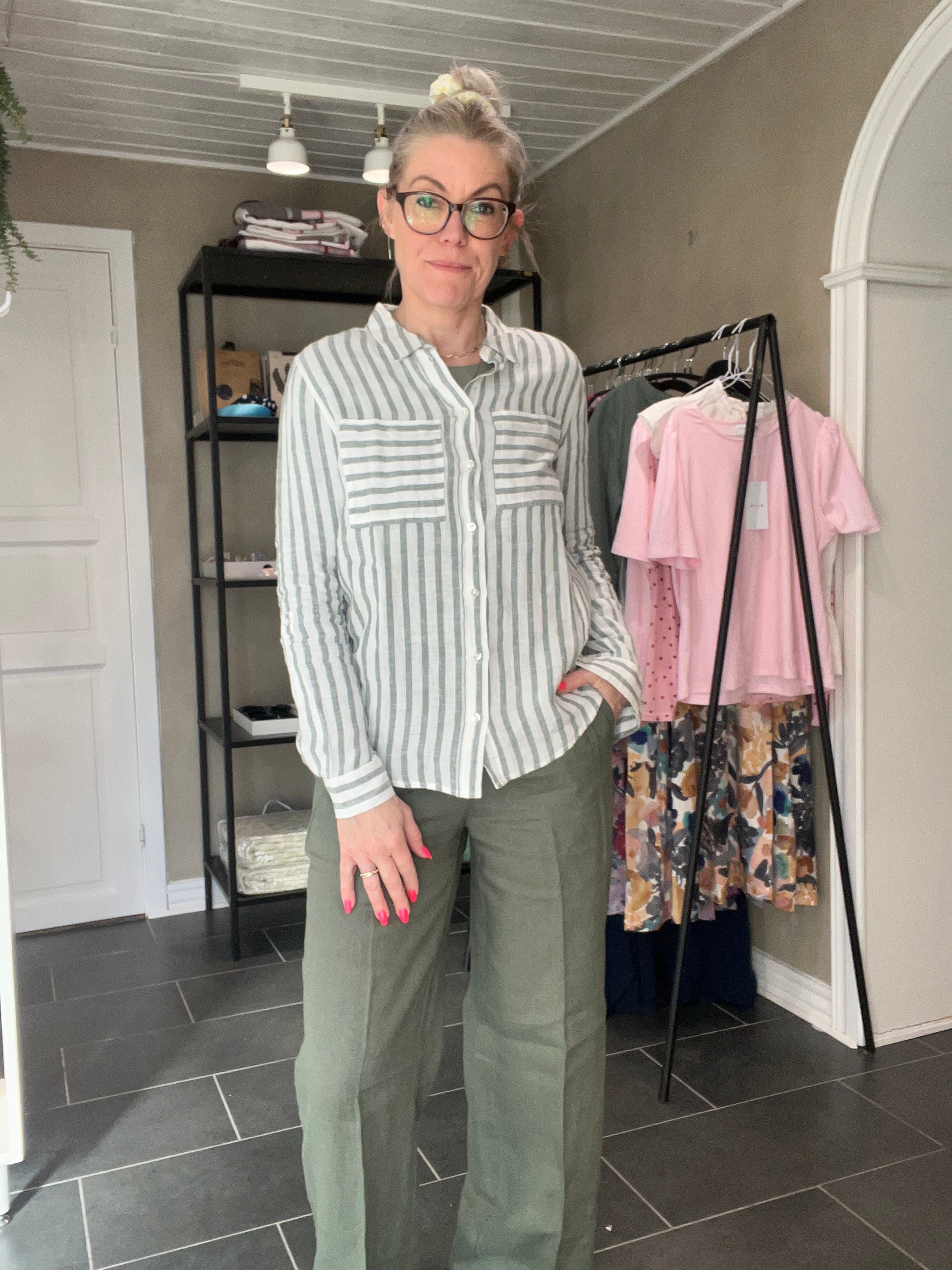 Street One Wide Leg Button HW Linen Bukser 379811 – Bound Green