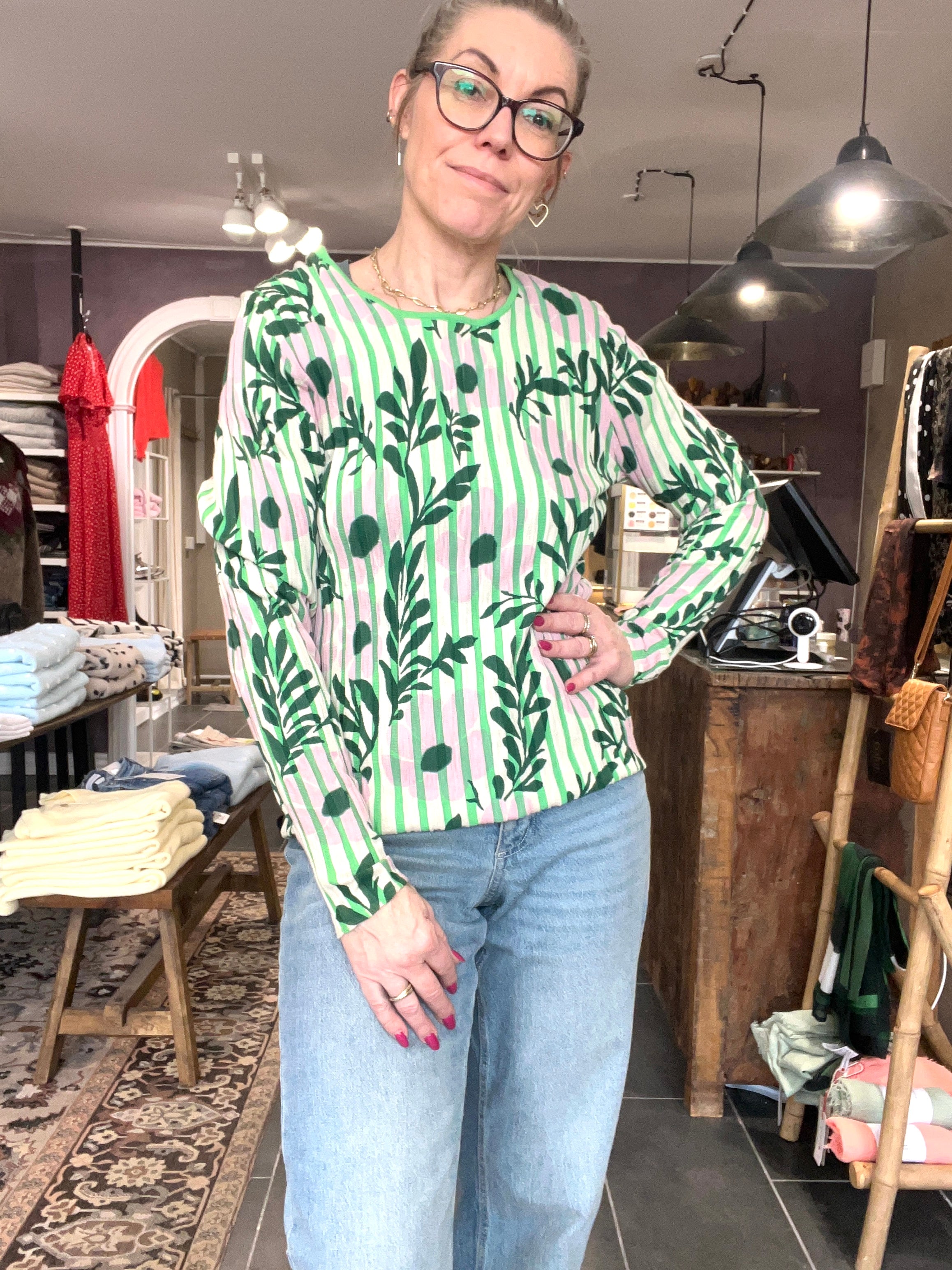 Mansted PANAMA strik – Green (100% øko-bomuld, striber, blomsterprint)