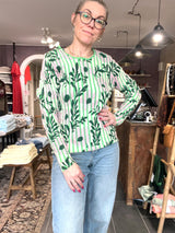 Mansted PANAMA strik – Green (100% øko-bomuld, striber, blomsterprint)