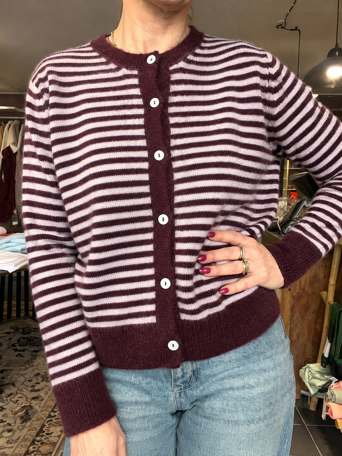 Black Colour Dell Striped Knit Cardigan 1245 Plum