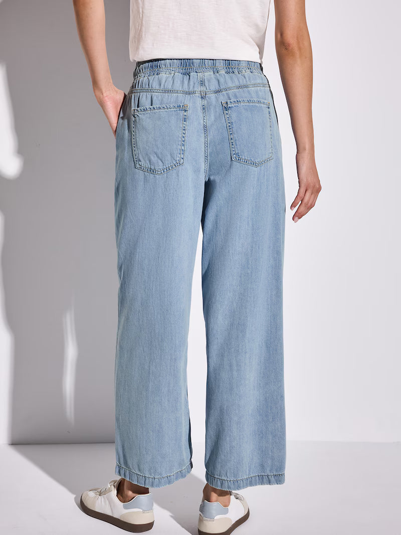 Street One Wide Leg Pants 378564 i lyseblå – høj talje, vide ben, elastisk linning med snøre og sidelommer – bomuld og lyocell