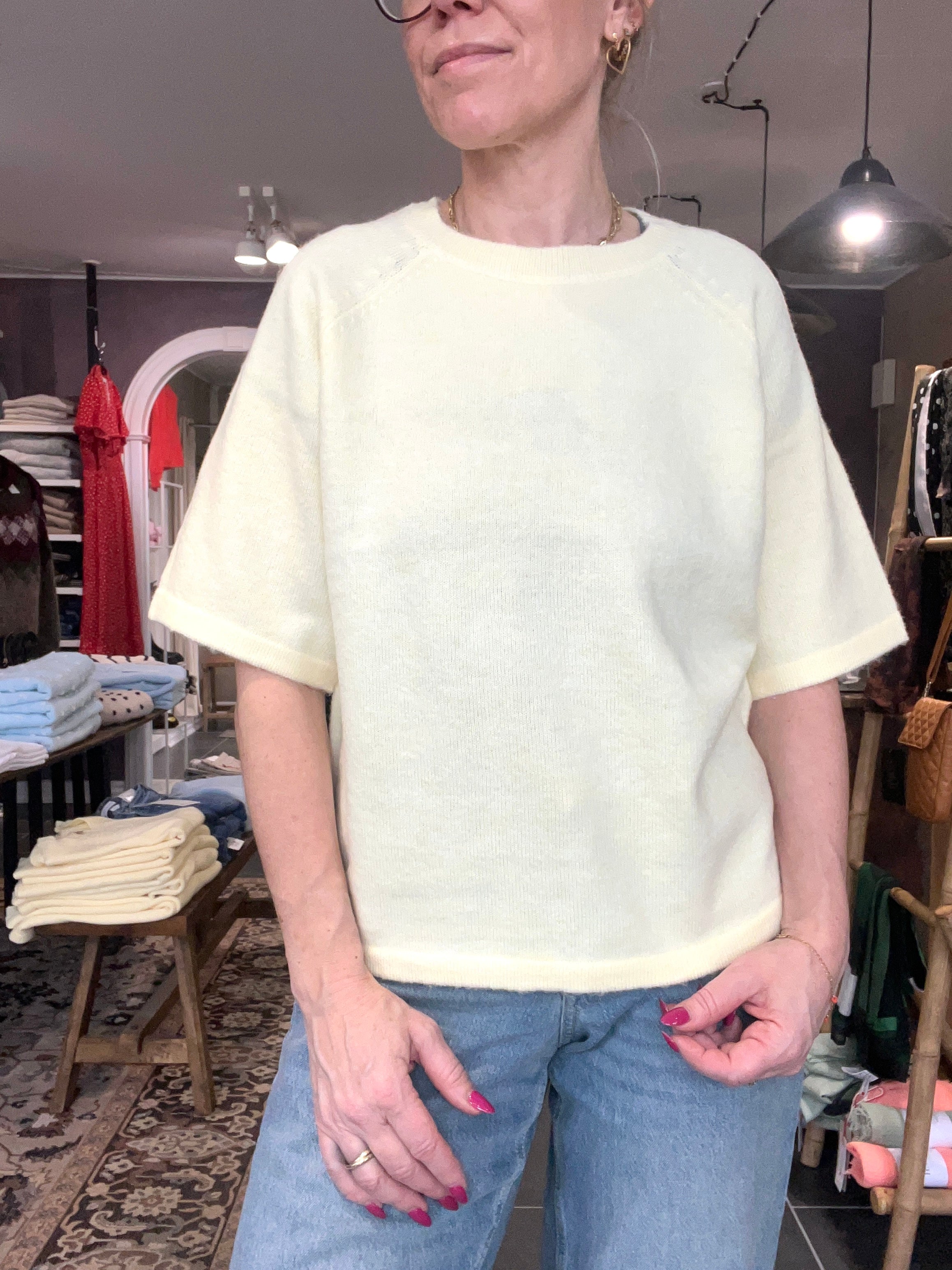 VILA VILIGA 2/4 O-Neck Knit Top – Pastel Yellow Strikbluse