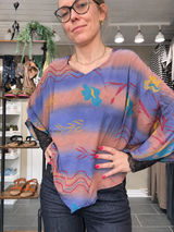 Cofur Poncho Blouse brun/blå unika silkebluse i vintage sari-silke OneSize