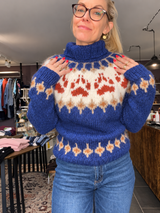 Balustrik blå uldsweater med brændt orange hundepoter