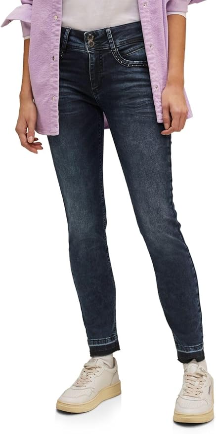 Street One Jane jeans 377053 – casual fit jeans med mellemhøj talje, slim leg og rå detaljer som nitter og flossede kanter