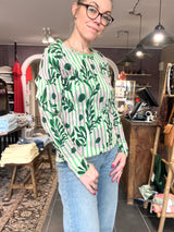 Mansted PANAMA strik – Green (100% øko-bomuld, striber, blomsterprint)