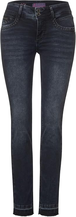 Street One Jane jeans 377053 – casual fit jeans med mellemhøj talje, slim leg og rå detaljer som nitter og flossede kanter