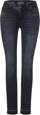 Street One Jane jeans 377053 – casual fit jeans med mellemhøj talje, slim leg og rå detaljer som nitter og flossede kanter