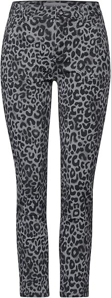 Grå leo-print jeans fra Street One – Bonny Loosefit MW med knap og lynlås