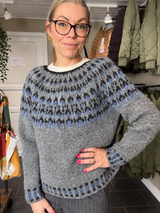 Balustrik uldsweater med grafisk dråbemønster i blå og sort