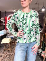 Mansted PANAMA strik – Green (100% øko-bomuld, striber, blomsterprint)