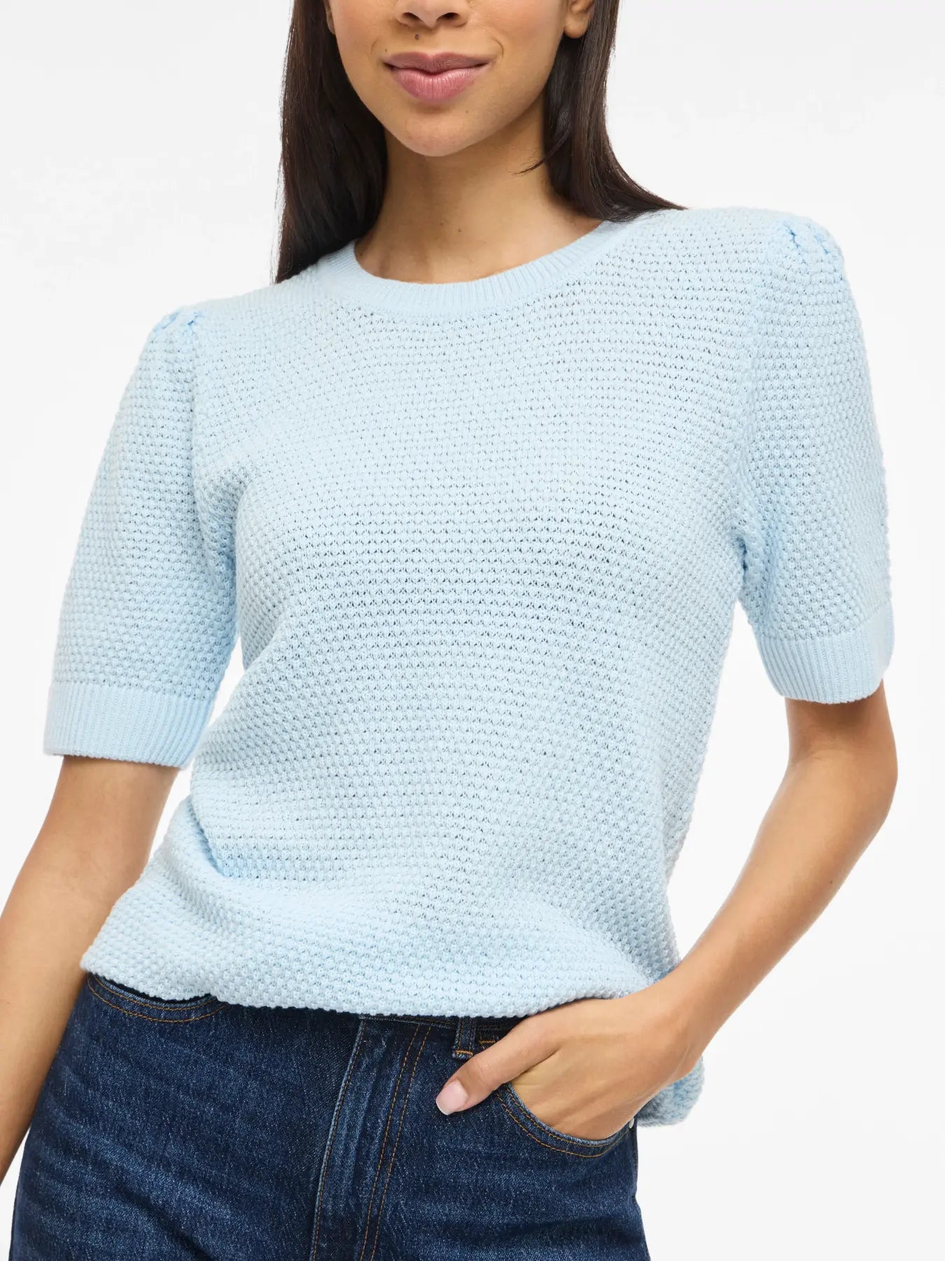 VILA knit top nantucket breeze med ribkanter og klassisk pasform dame