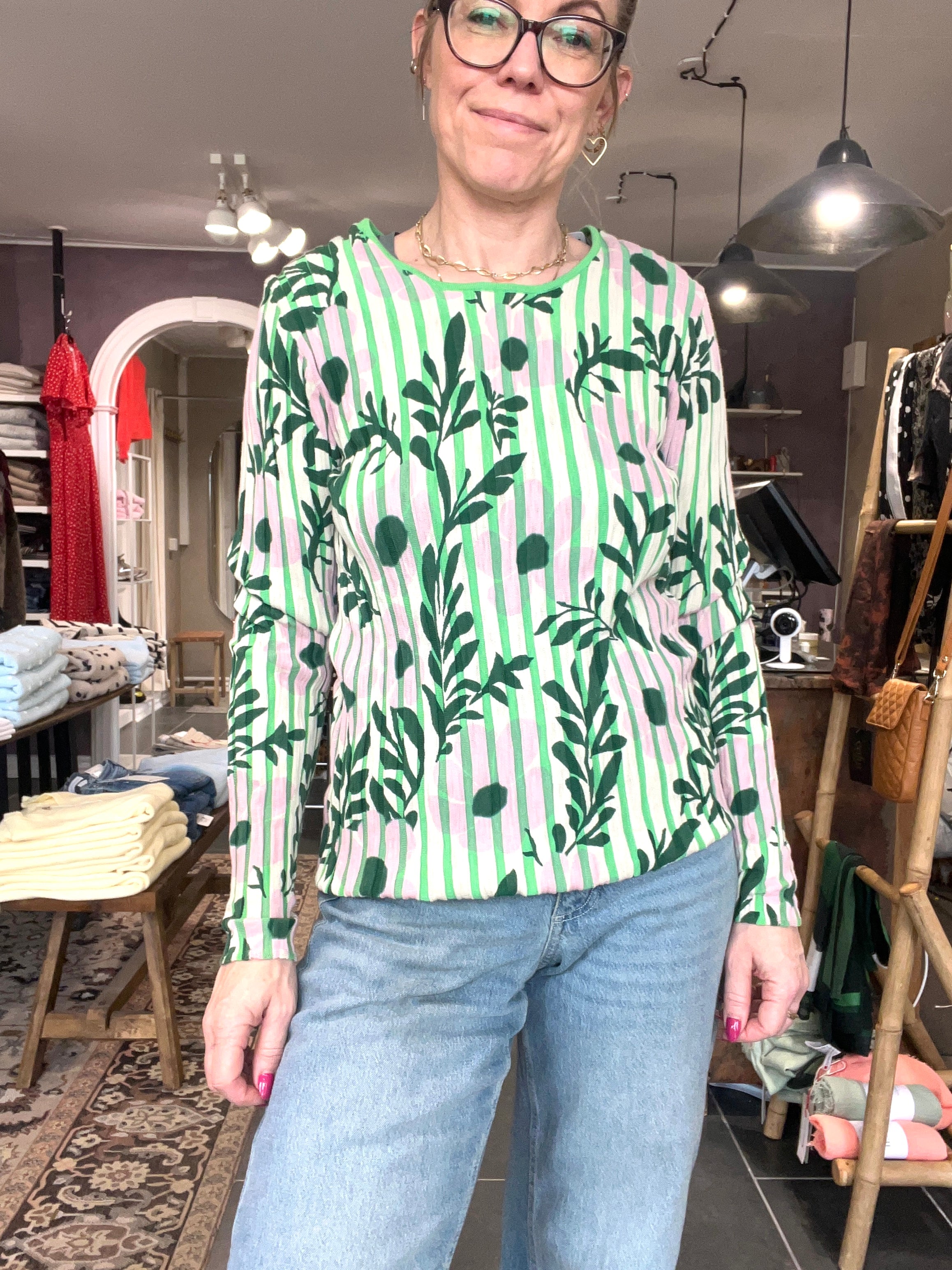 Mansted PANAMA strik – Green (100% øko-bomuld, striber, blomsterprint)