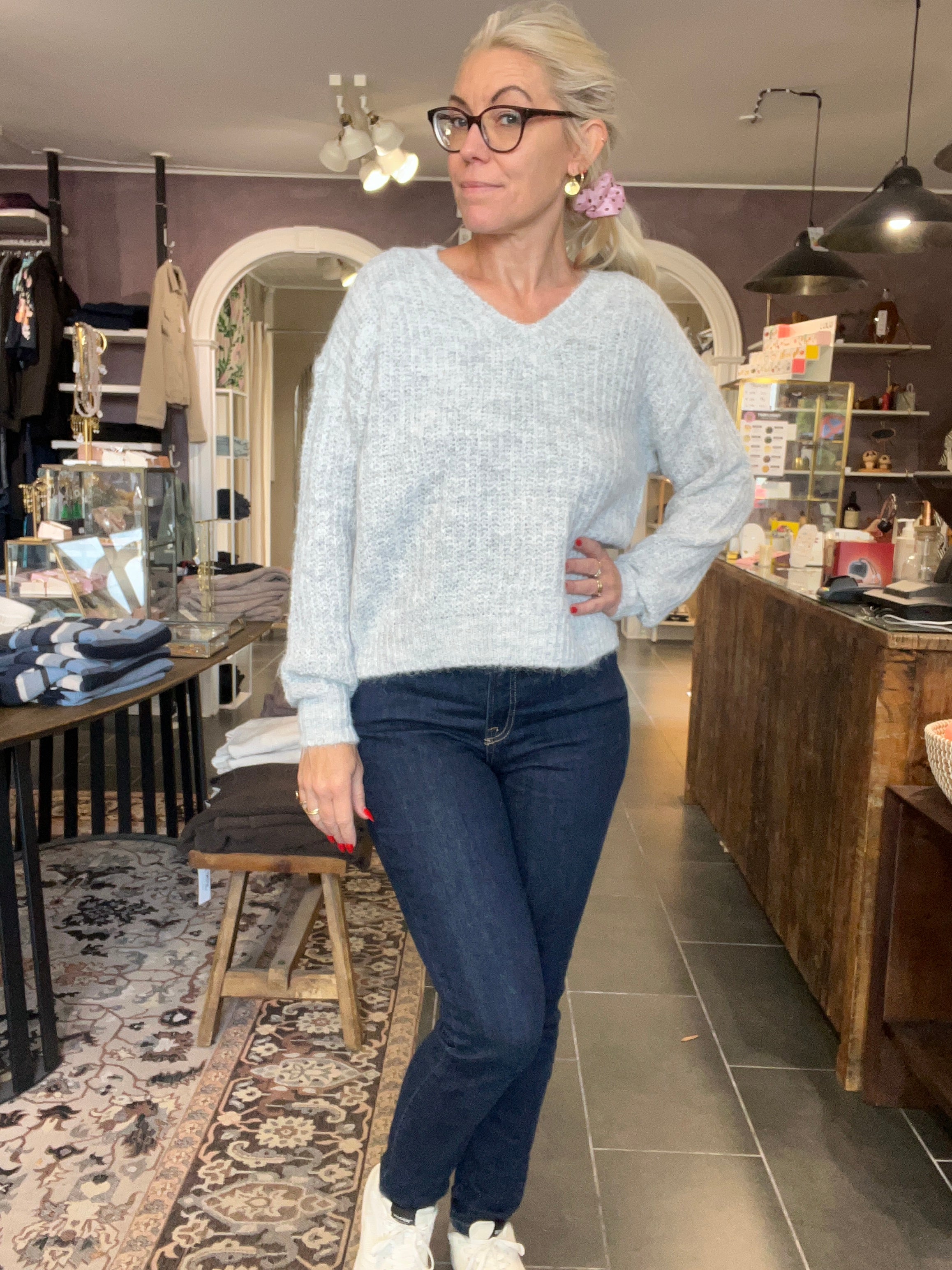 VILA VILAMPE V-Neck L/S Knit Top – Medium Grey Melange (14112721)