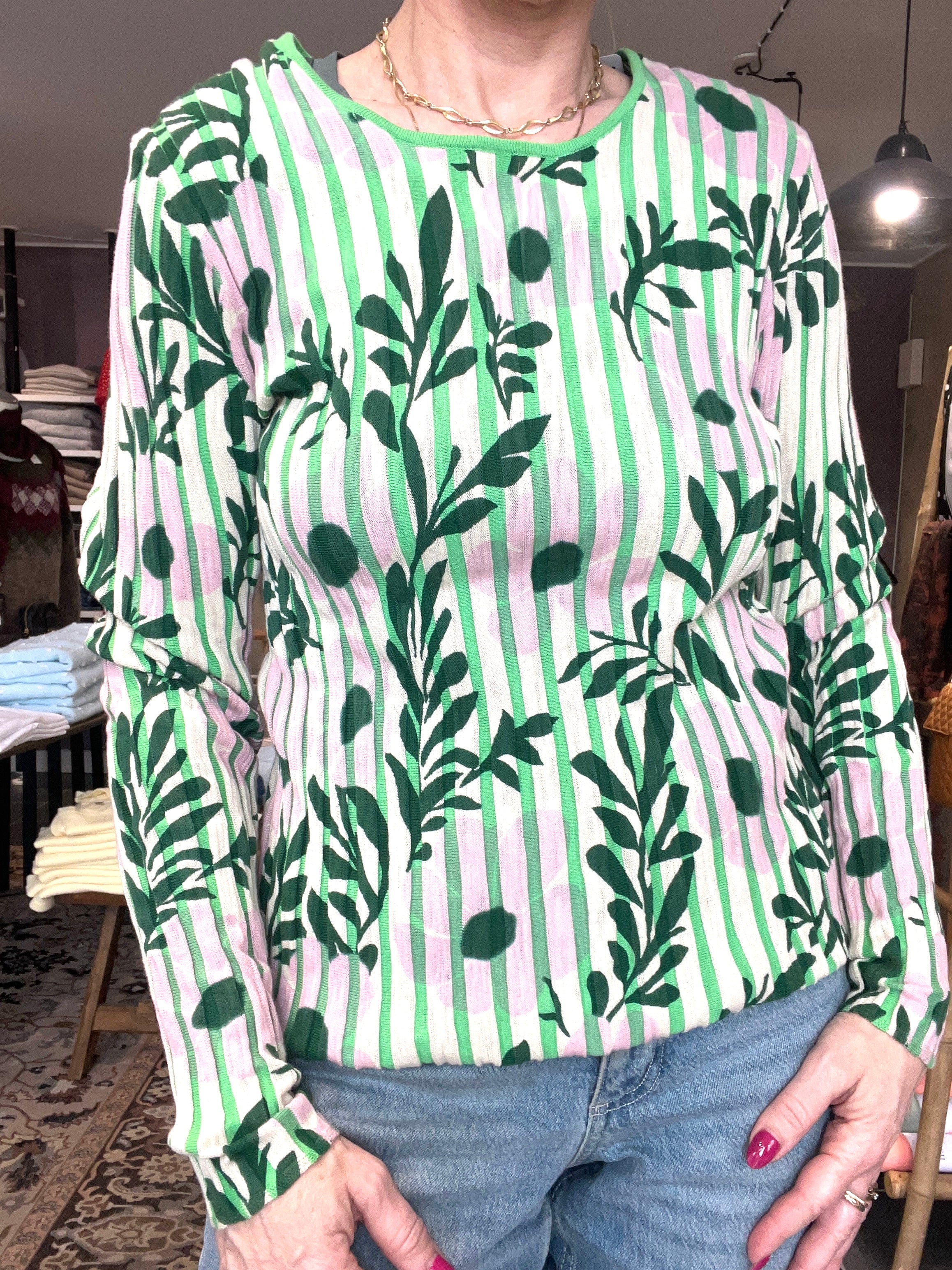 Mansted PANAMA strik – Green (100% øko-bomuld, striber, blomsterprint)