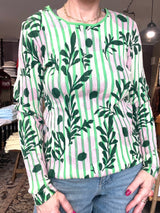 Mansted PANAMA strik – Green (100% øko-bomuld, striber, blomsterprint)