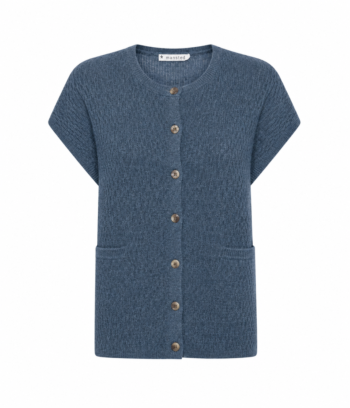 Mansted Komma Soft Blue strikvest med perlemorsknapper