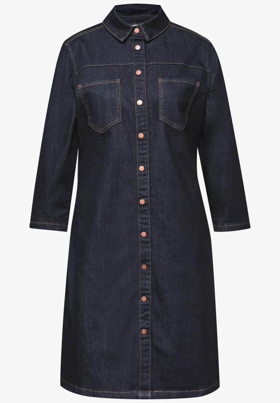Street One Style Dress 144681 i Rinse Blue Washed med skjortekrave, knapliste og sidelommer