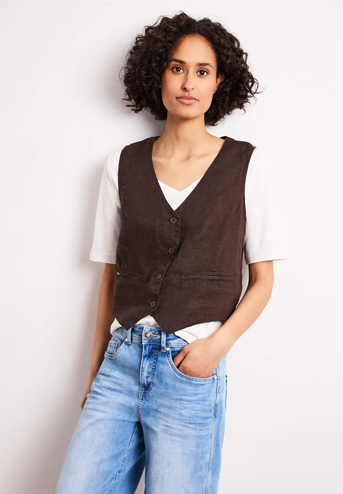 Street One hør vest i espresso brown med knapper