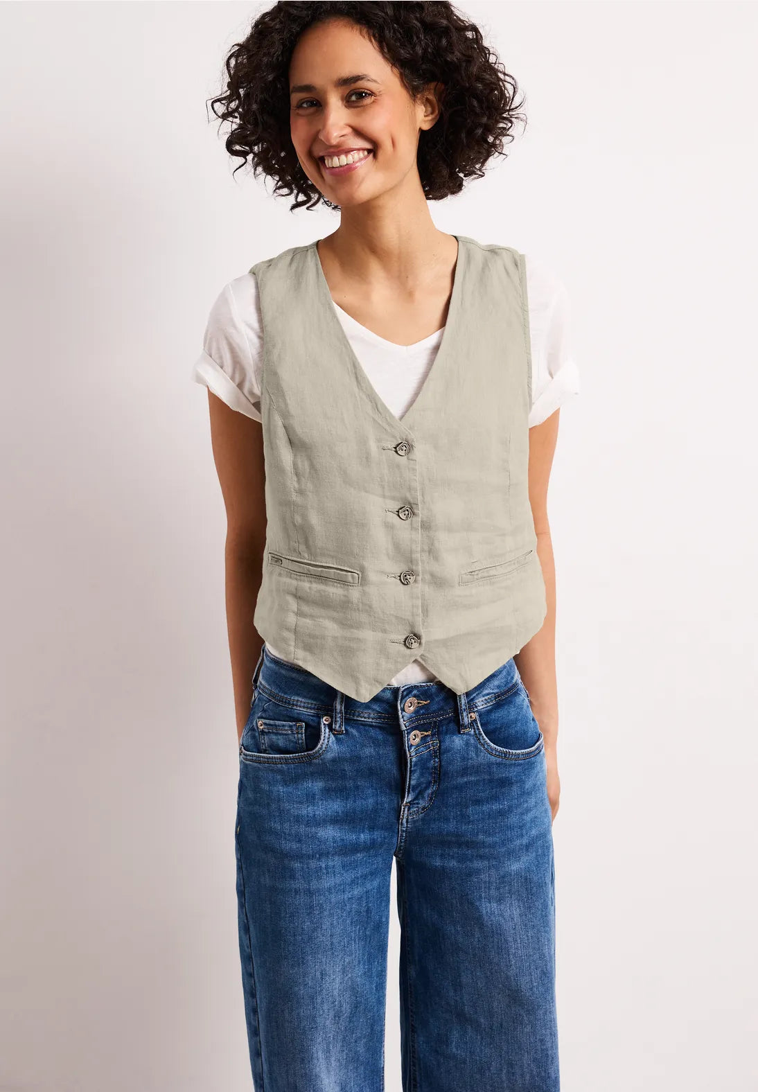 Street One hør vest i timeless beige med knapper
