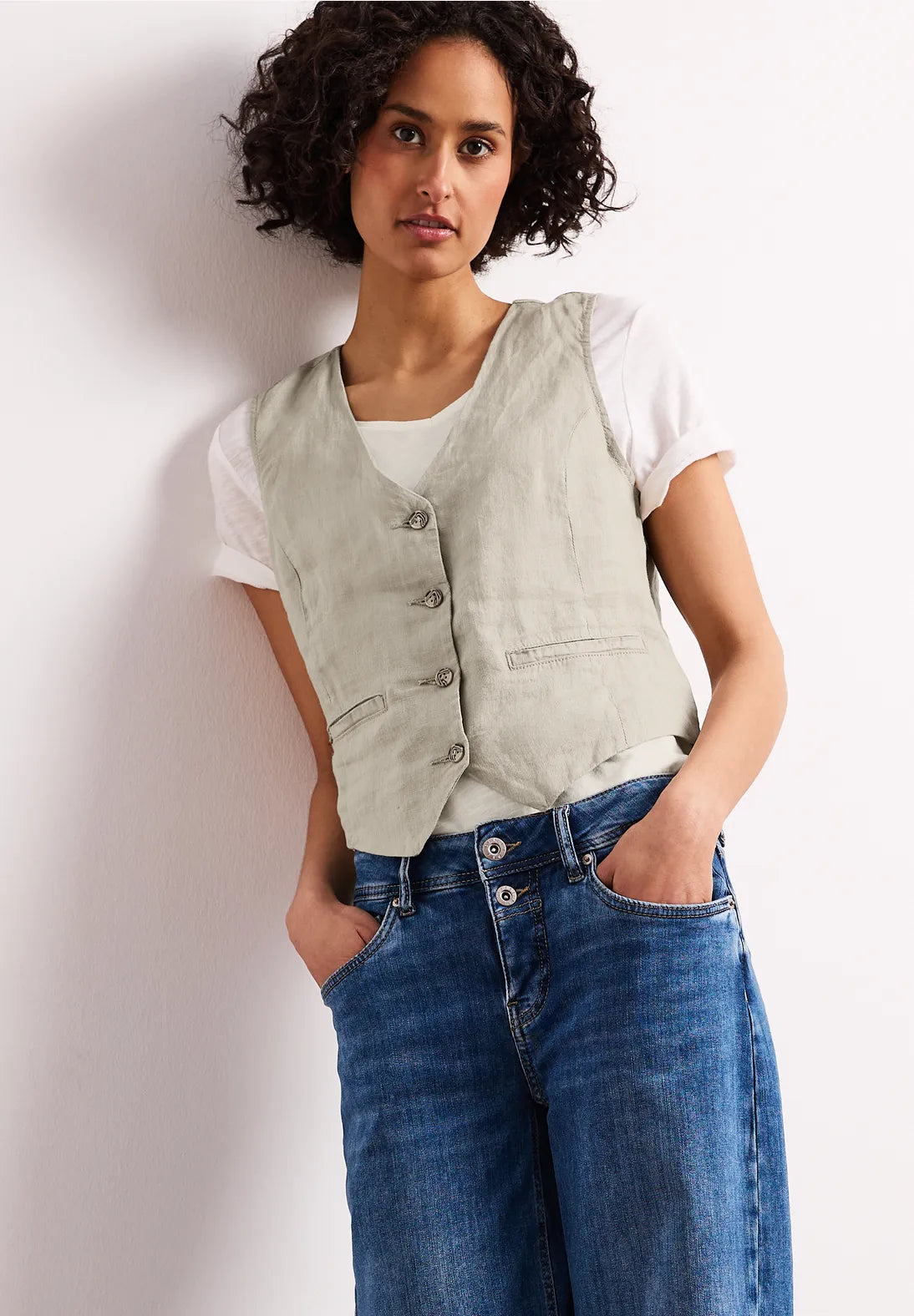 Street One hør vest i timeless beige med knapper