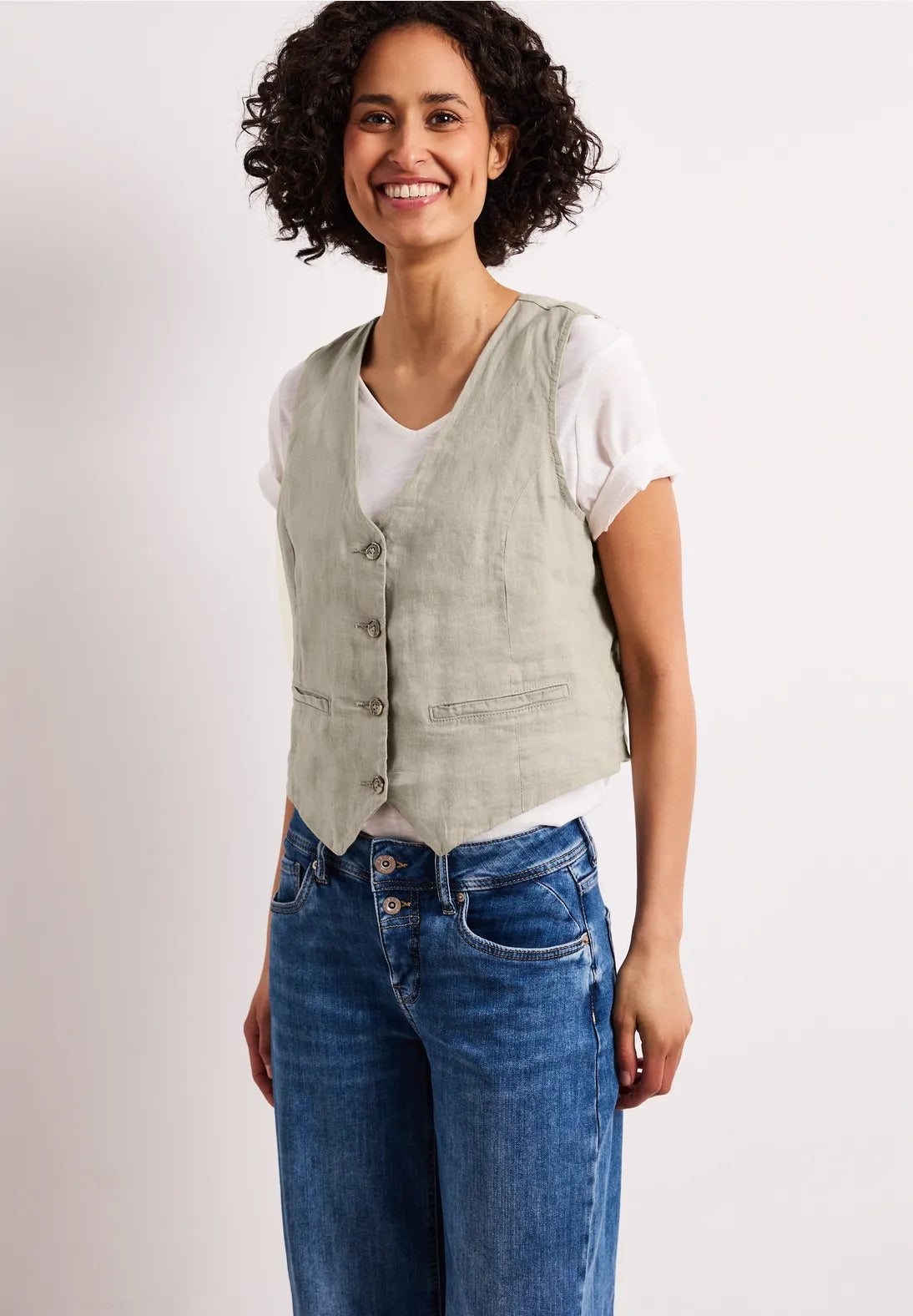 Beige sommer vest i hør med V-hals