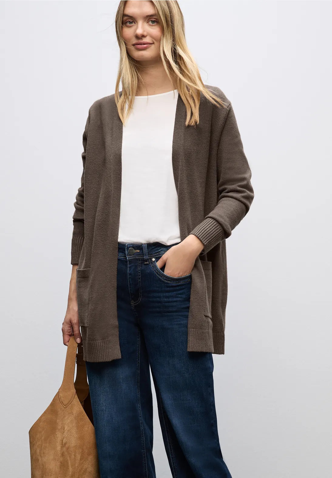 Cosy Open cardigan fra Street One i farven Nomad Brown – lang strik med lommer