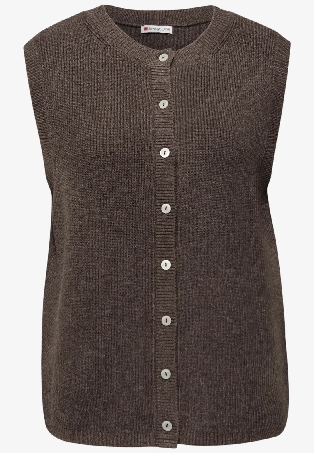 Street One Cosy Sleeveless Cardigan 254032 i Dark Nomad Brown Melange med rund hals og knapliste