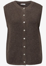 Street One Cosy Sleeveless Cardigan 254032 i Dark Nomad Brown Melange med rund hals og knapliste
