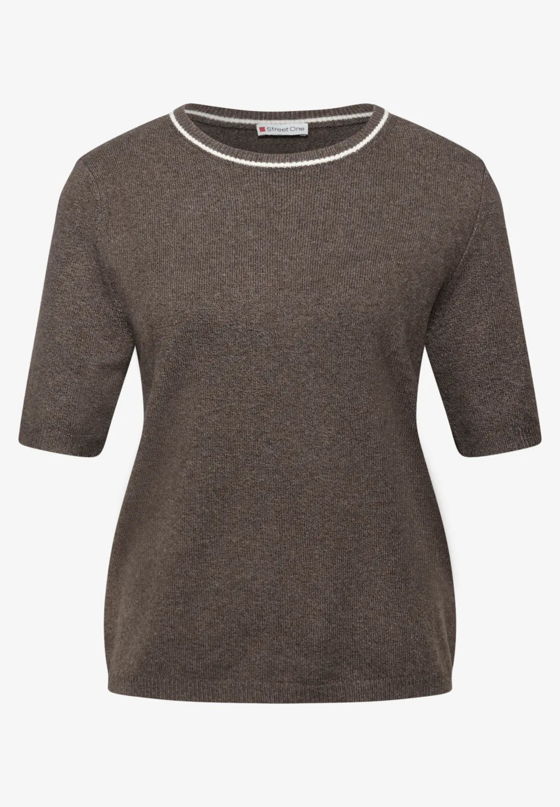Street One roundneck sweater 303477 i dark nomad brown meleret – kortærmet strik med rund hals