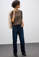 Street One roundneck sweater 303477 i dark nomad brown meleret – kortærmet strik med rund hals