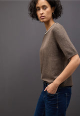 Street One roundneck sweater 303477 i dark nomad brown meleret – kortærmet strik med rund hals