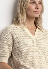 Street One stribet polo strik soft beige med korte ærmer dame