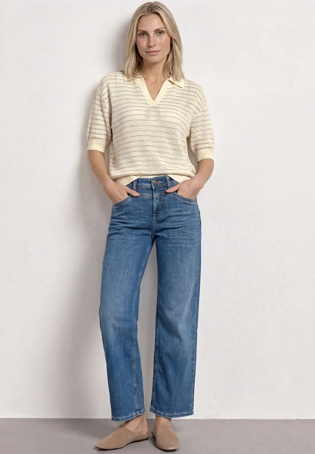 Stribet strik dame soft beige med polokrave fra Street One